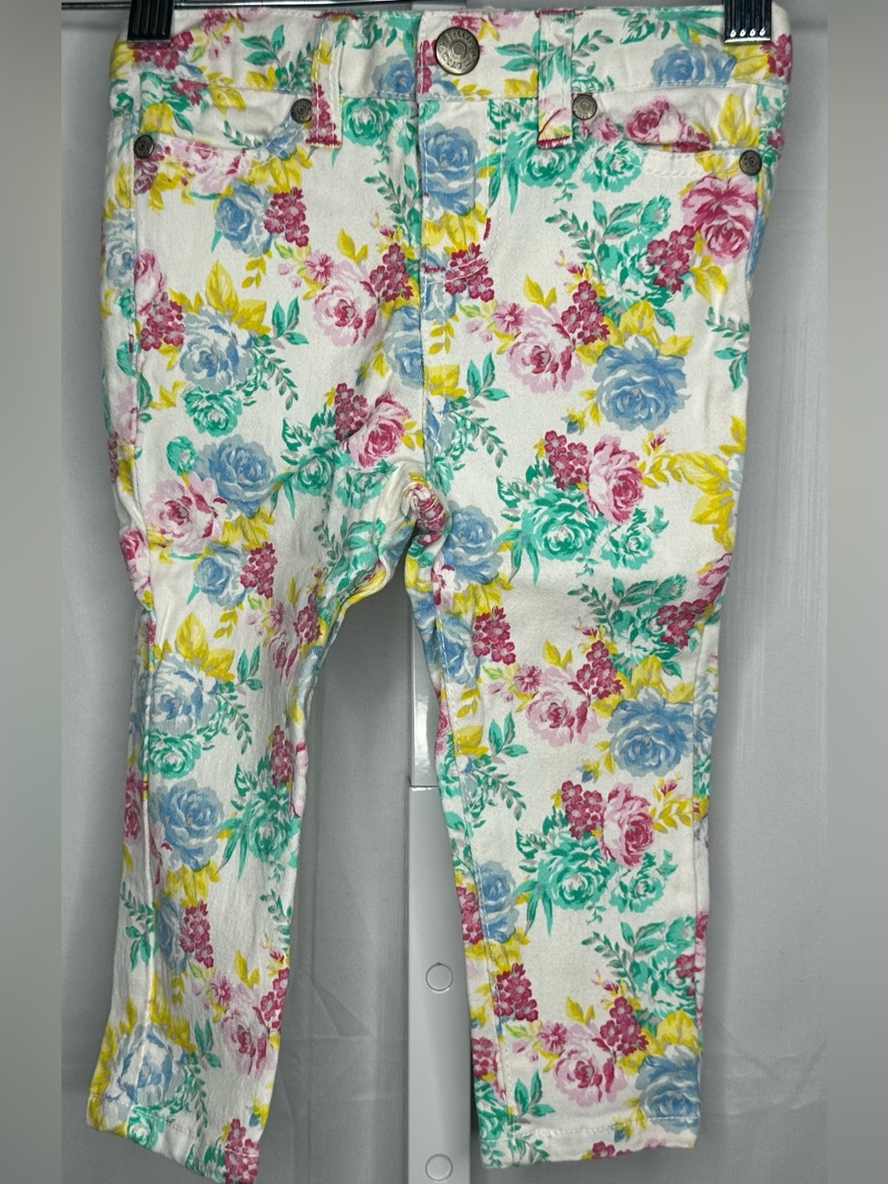Floral Print Girls' Jeans - White with Blue, Pink & Yellow Flowers